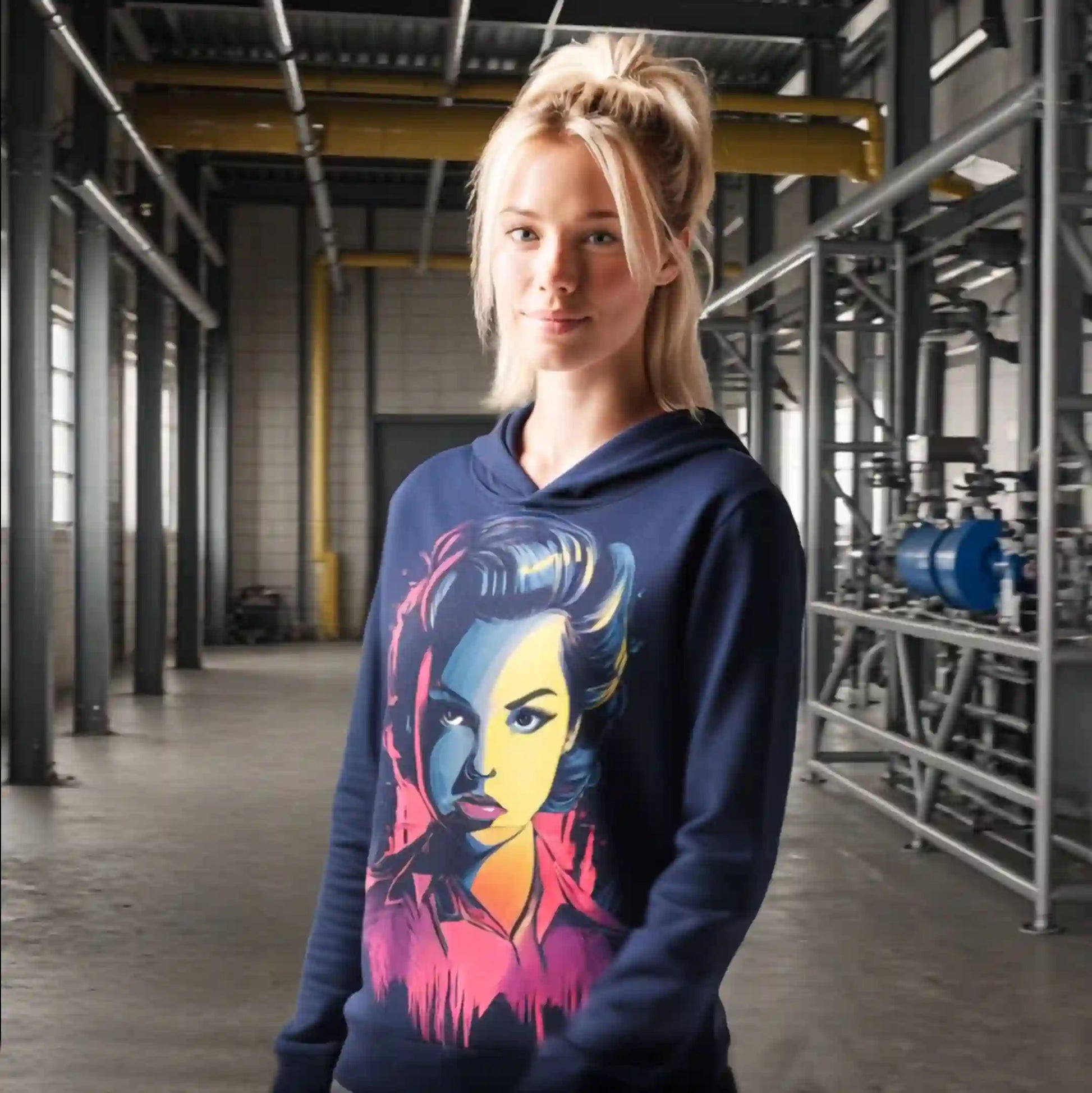 A woman wearing the Neon Femme Portrait Hoodie standing in an industrial warehouse setting, showing the bold neon portrait artwork on the front.