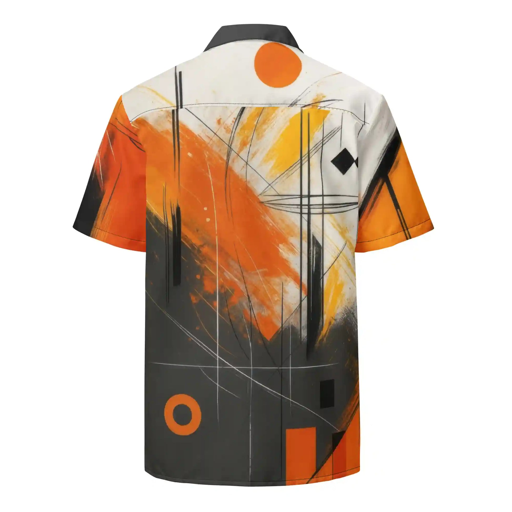 Short-sleeve button-up shirt on ghost mannequin, back view. Features the bold abstract painterly print design in red, orange, yellow, black, and white covering the entire back.