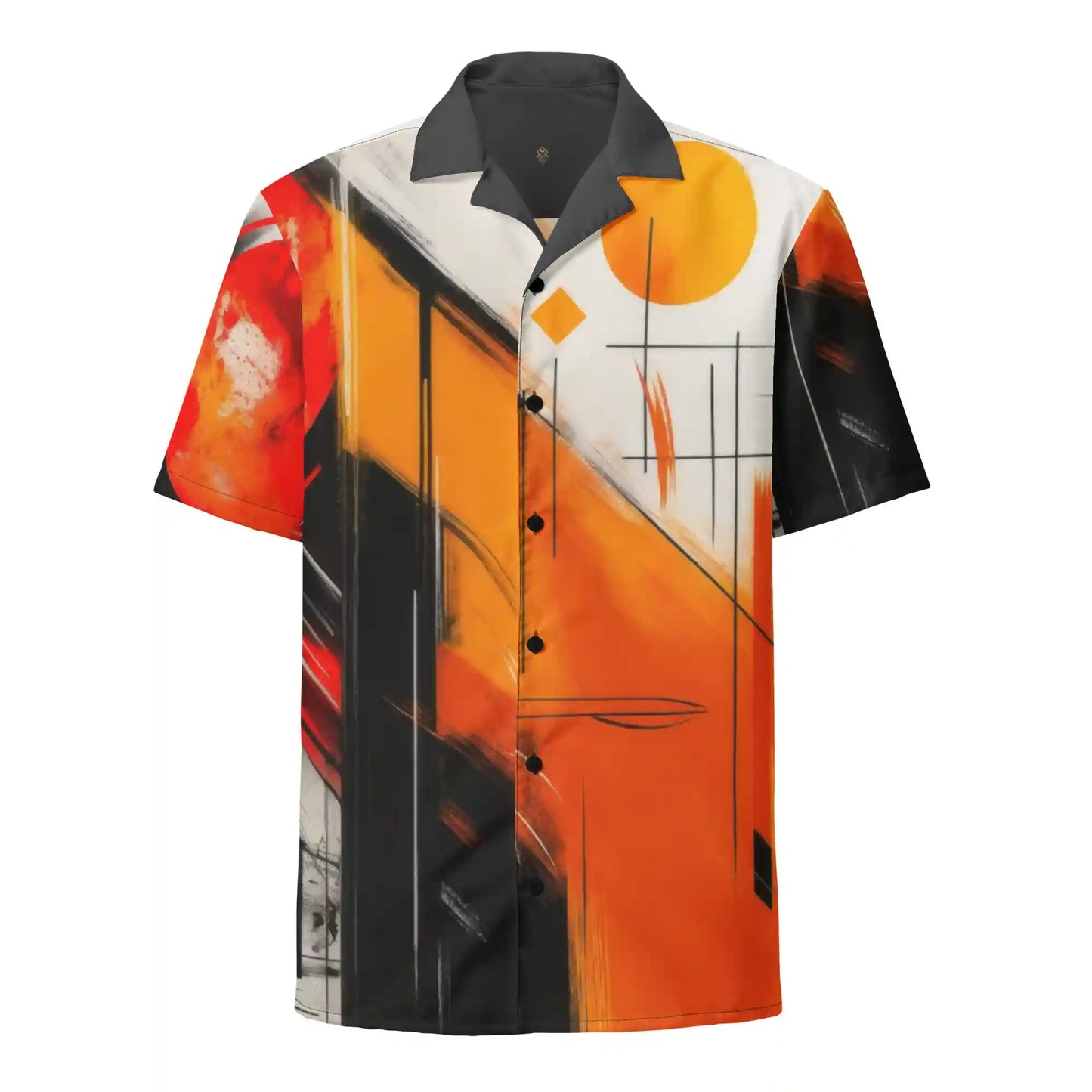 Short-sleeve button-up shirt on ghost mannequin, front view. Features a bold abstract painterly print design in red, orange, yellow, black, and white covering the entire front. Grey collar visible.