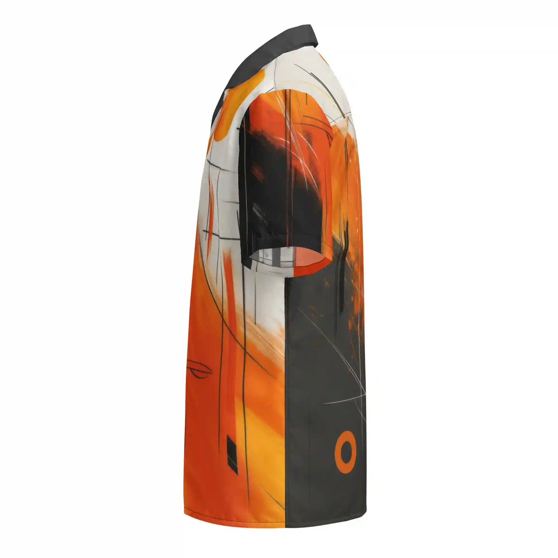 Short-sleeve button-up shirt on ghost mannequin, left side view. Shows the abstract painterly print design wrapping from front to back and onto the left sleeve.