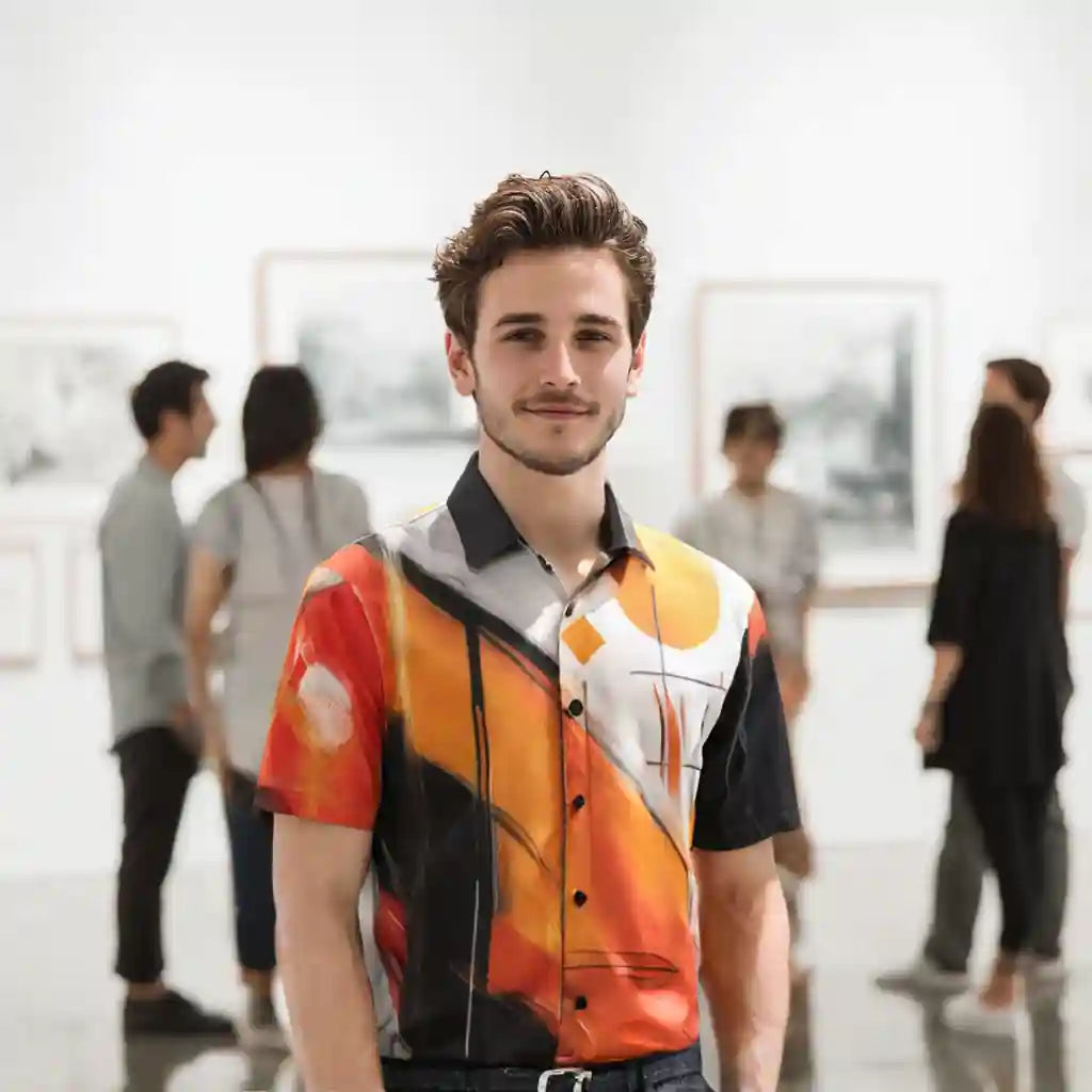 Person wearing a vibrant abstract painterly print button-up shirt in an art gallery setting. Showcases wearable art in a lifestyle context.