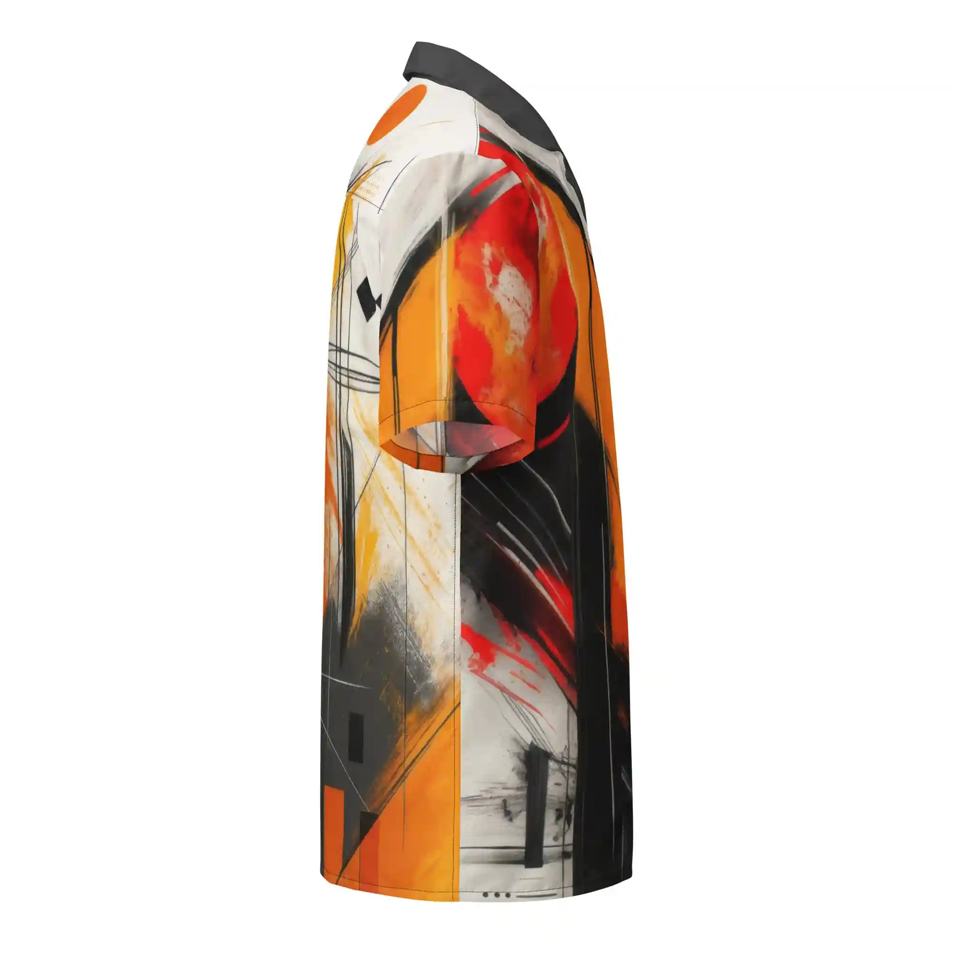 Short-sleeve button-up shirt on ghost mannequin, right side view. Shows the abstract painterly print design wrapping from front to back and onto the right sleeve.