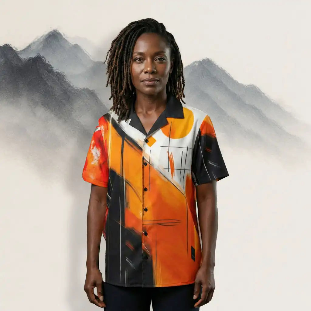 A woman wearing a short-sleeve button-up shirt featuring a bold abstract design in orange, black, and white, standing in front of a soft, painted mountain backdrop.