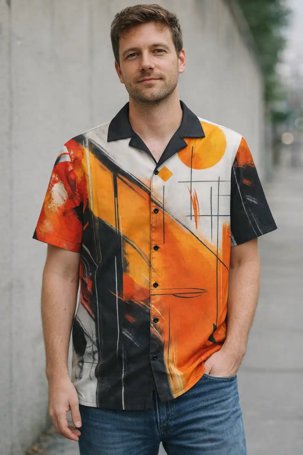 Man wearing a colorful shirt with abstract design standing against a concrete wall.