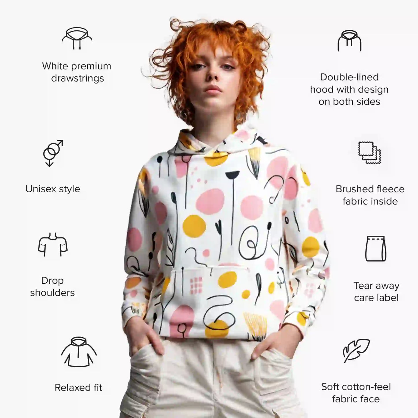 Image of the white hoodie with icons and text highlighting product features, such as drawstring type, fit, fabric type, hood lining, and care label.