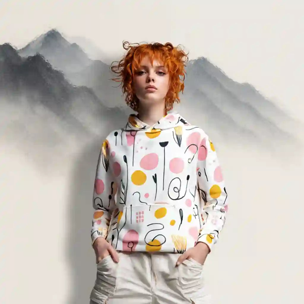 Female model wearing a white hoodie with an all-over abstract print featuring pink and yellow circles, black lines, and abstract shapes, standing against an artistic mountain backdrop. Shows the wearable art hoodie's fit and lifestyle context.