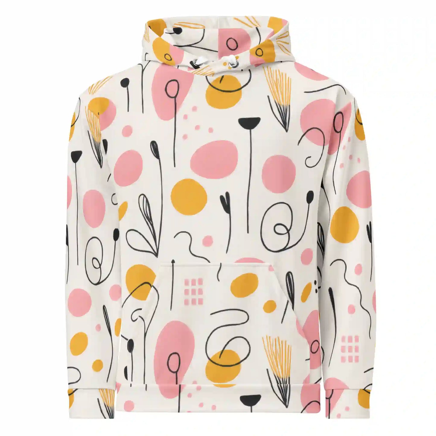 White hoodie on ghost mannequin, front view. Features an all-over abstract print with pink and yellow circles, black lines, and abstract shapes. Shows front fit on a body form.