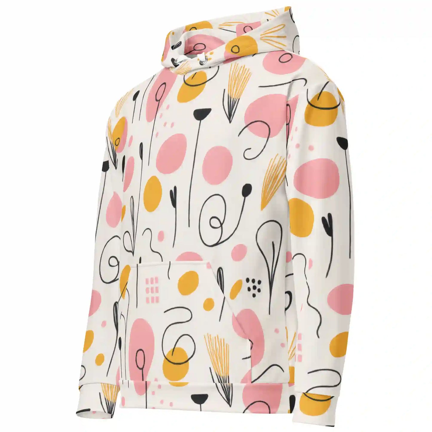 White hoodie on ghost mannequin, angled front left view. Shows the all-over abstract print wrapping slightly from the front onto the side and sleeve. Shows side fit on a body form.