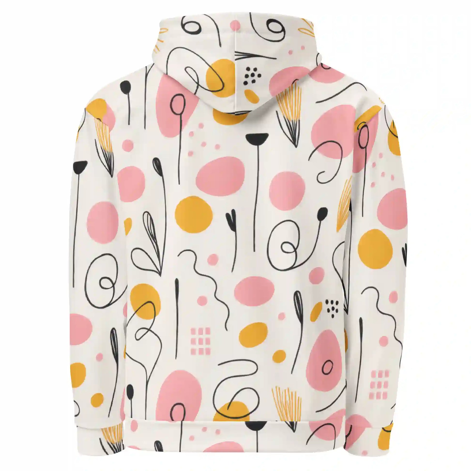 White hoodie on ghost mannequin, back view. Features an all-over abstract print with pink and yellow circles, black lines, and abstract shapes. Shows back fit on a body form.