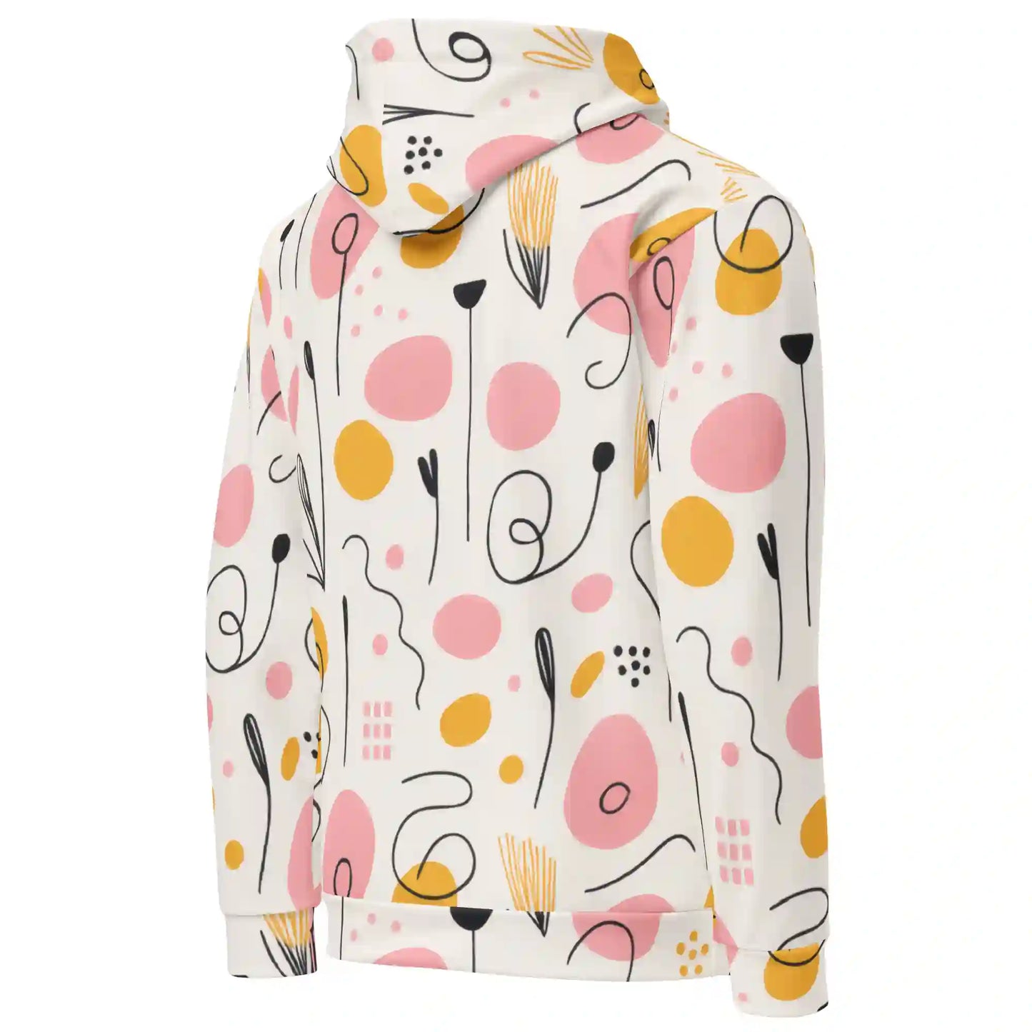 White hoodie on ghost mannequin, angled back right view. Shows the all-over abstract print wrapping slightly from the back onto the side and sleeve. Shows side fit on a body form.