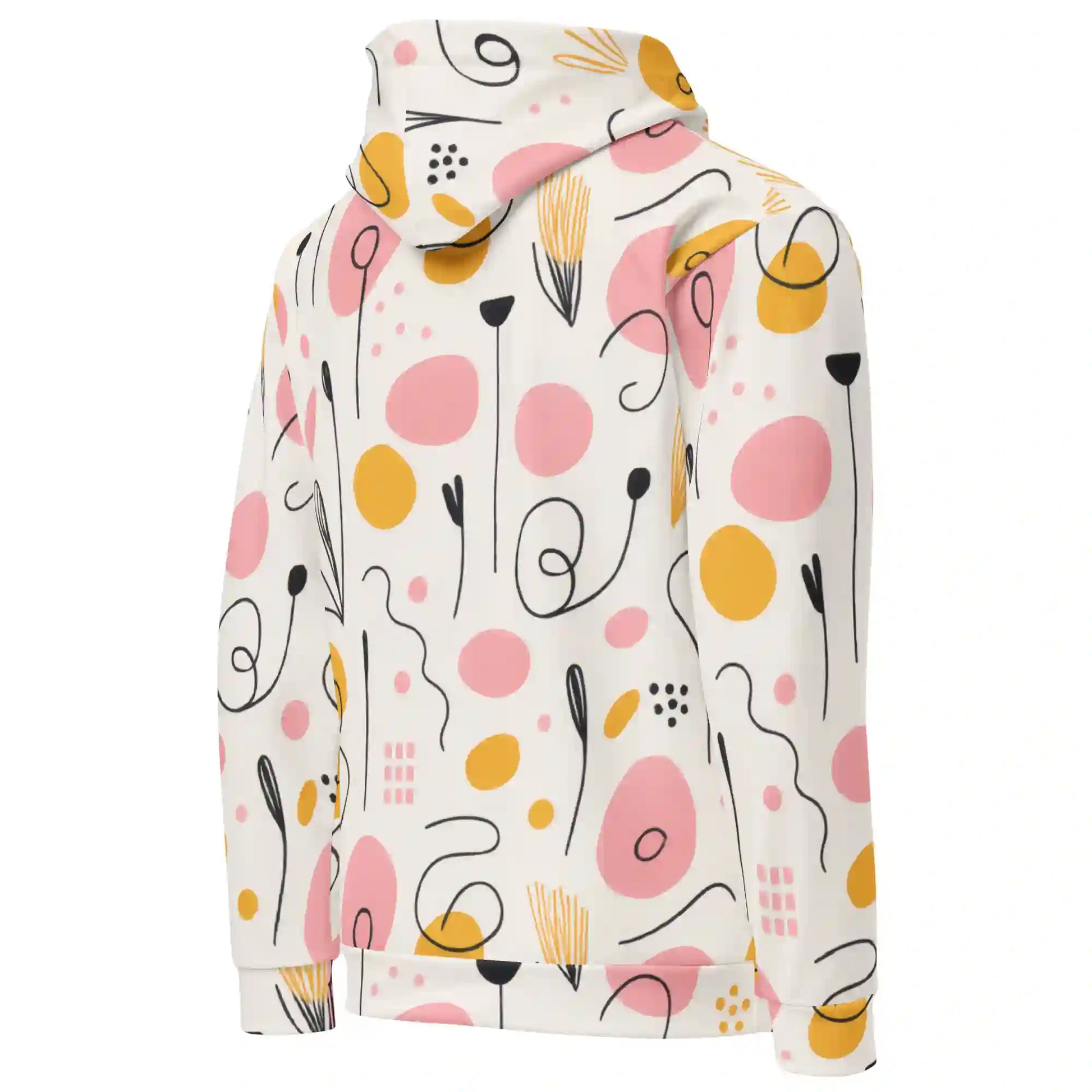 White hoodie on ghost mannequin, angled back right view. Shows the all-over abstract print wrapping slightly from the back onto the side and sleeve. Shows side fit on a body form.