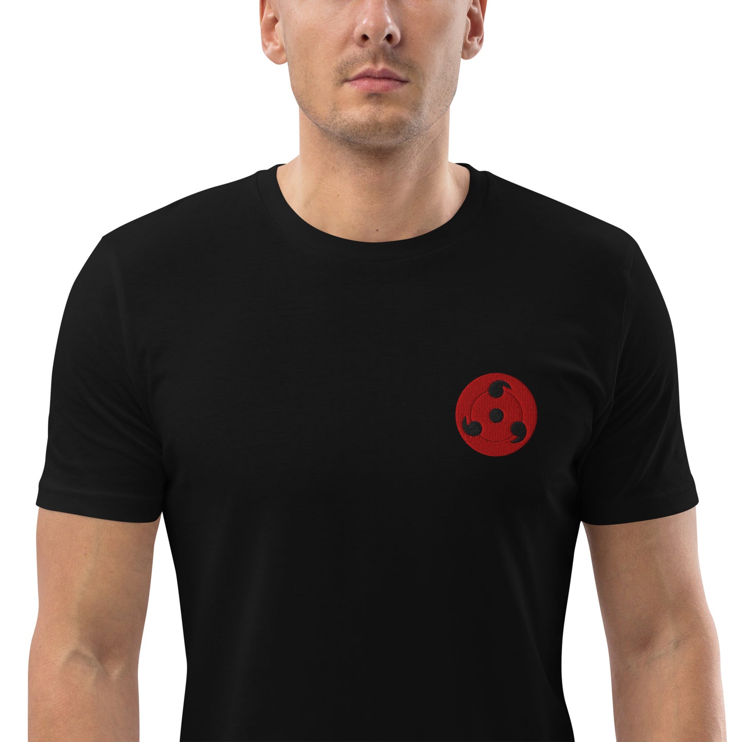 Shop the Red Emblem Organic Cotton T-Shirt! Unisex, available in black or pink, this minimalist tee offers eco-friendly comfort with a bold design.