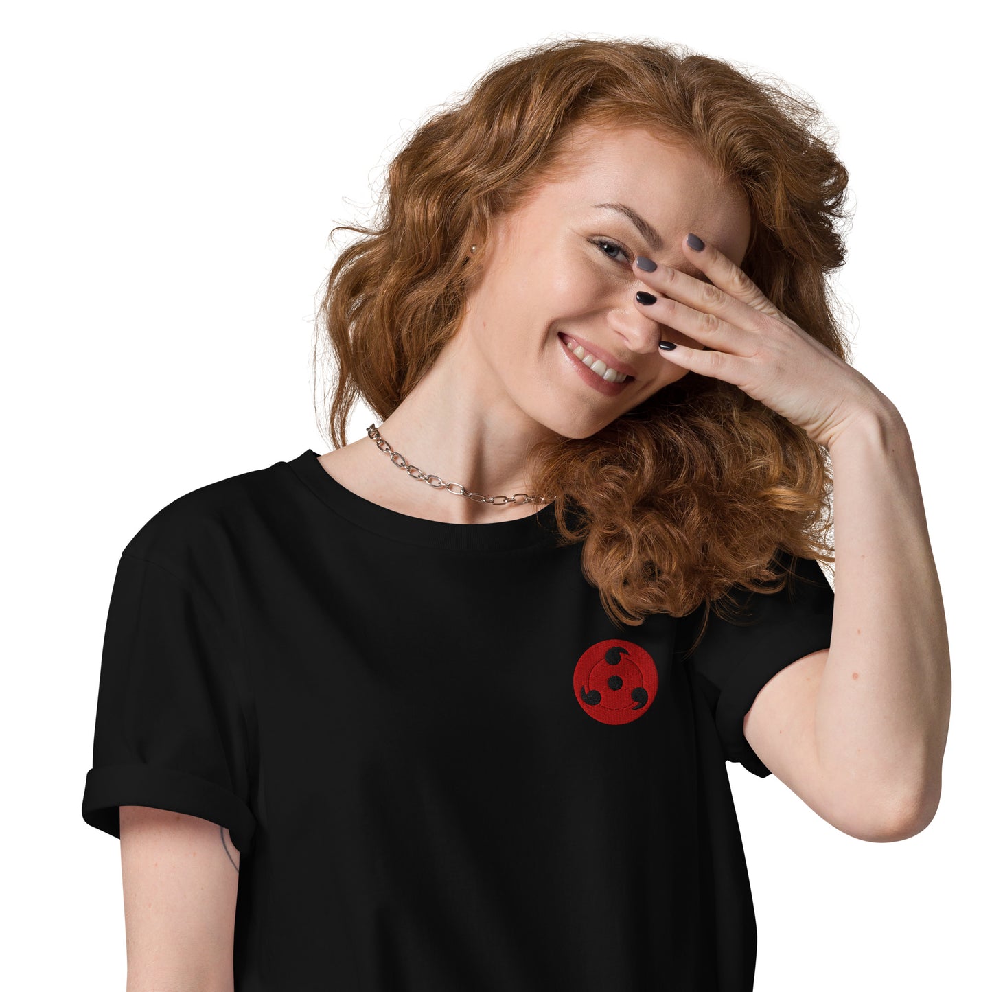 Shop the Red Emblem Organic Cotton T-Shirt! Unisex, available in black or pink, this minimalist tee offers eco-friendly comfort with a bold design.