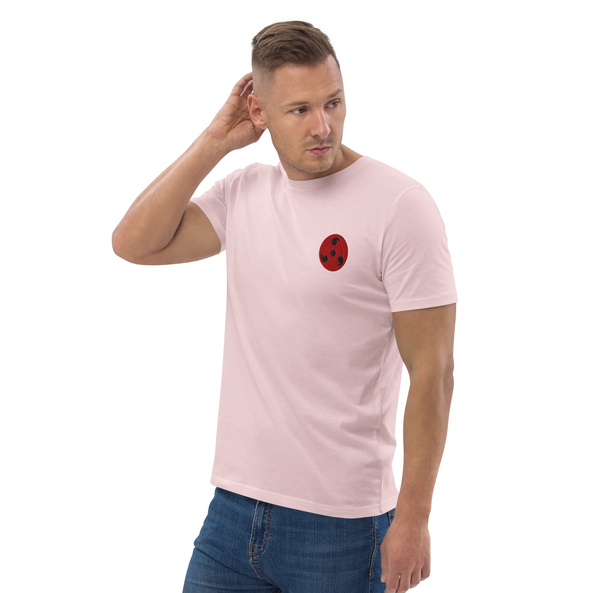 Shop the Red Emblem Organic Cotton T-Shirt! Unisex, available in black or pink, this minimalist tee offers eco-friendly comfort with a bold design.