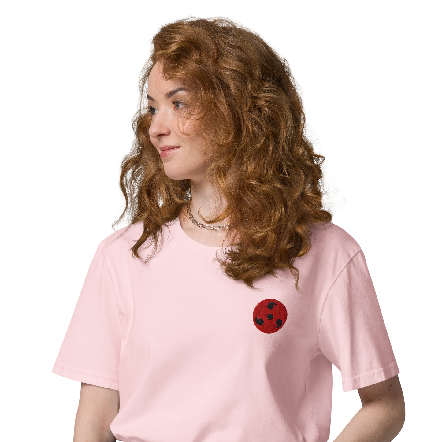 Shop the Red Emblem Organic Cotton T-Shirt! Unisex, available in black or pink, this minimalist tee offers eco-friendly comfort with a bold design.