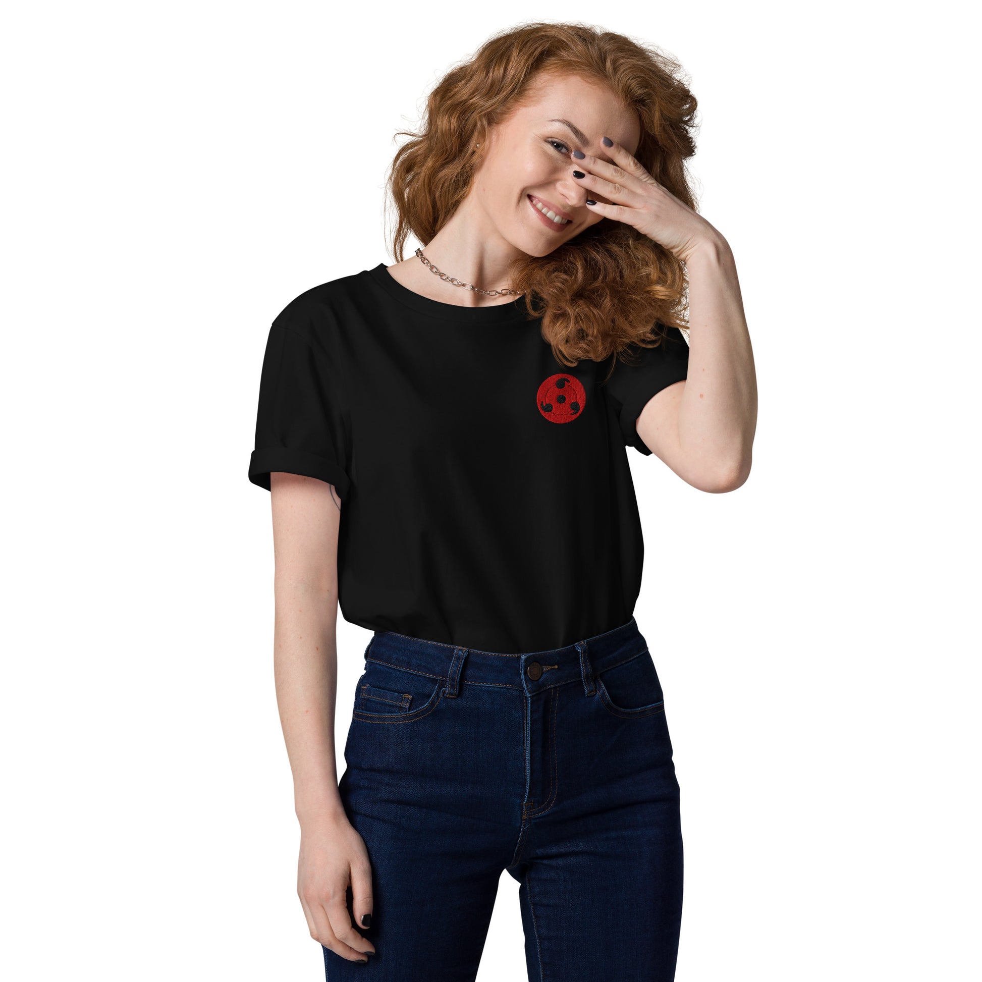 Shop the Red Emblem Organic Cotton T-Shirt! Unisex, available in black or pink, this minimalist tee offers eco-friendly comfort with a bold design.