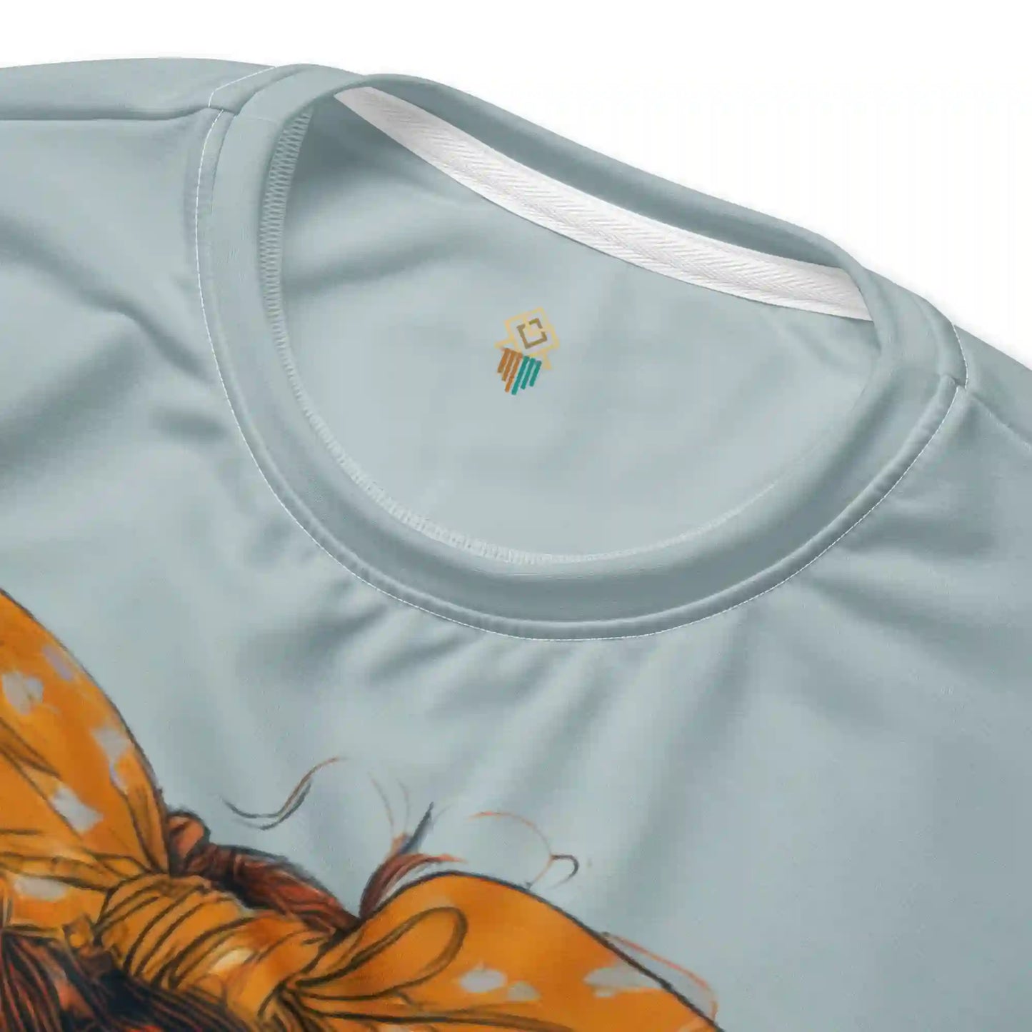 Close-up detail shot of the 'Retro Pop Muse' sweatshirt, highlighting the vibrant colors of the pop art illustration, the soft light blue fabric, and the ribbed crew neck collar.