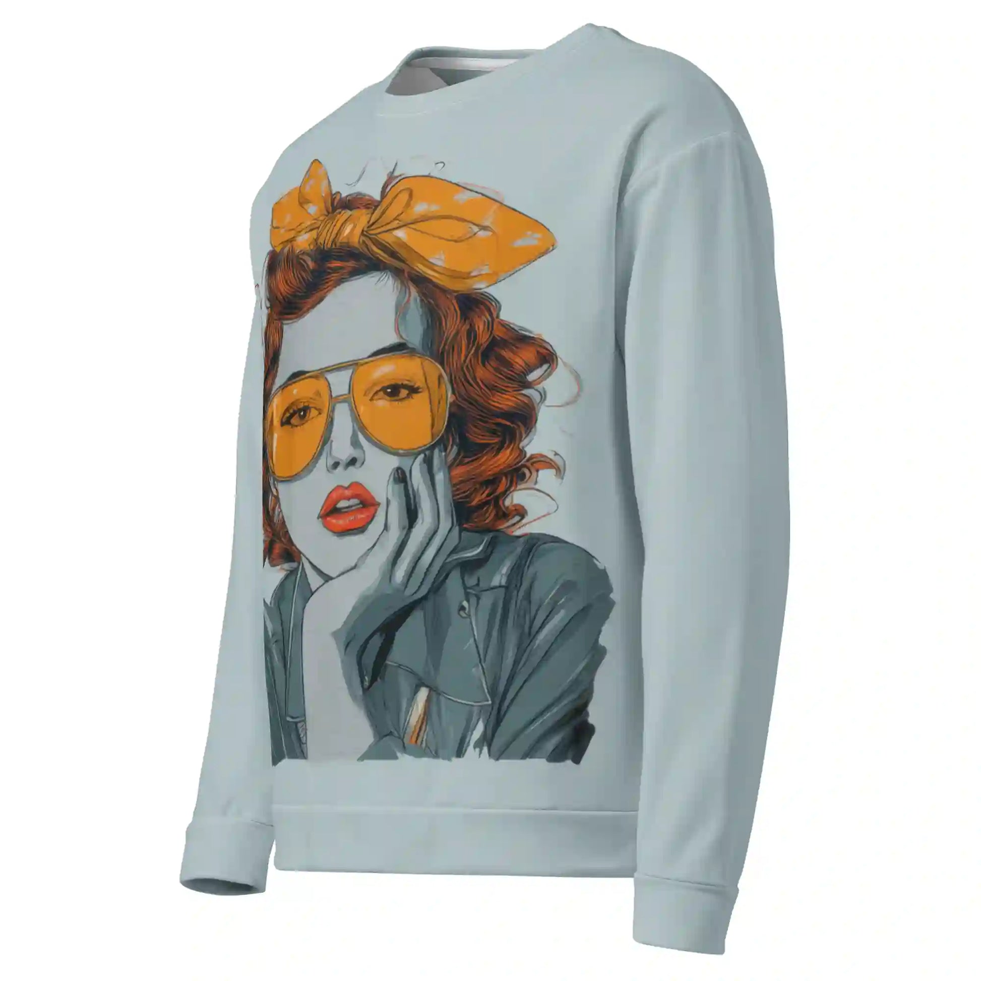 Front-left angled view of the light blue 'Retro Pop Muse' graphic sweatshirt, showing the side profile, sleeve, and a portion of the retro pop art print.