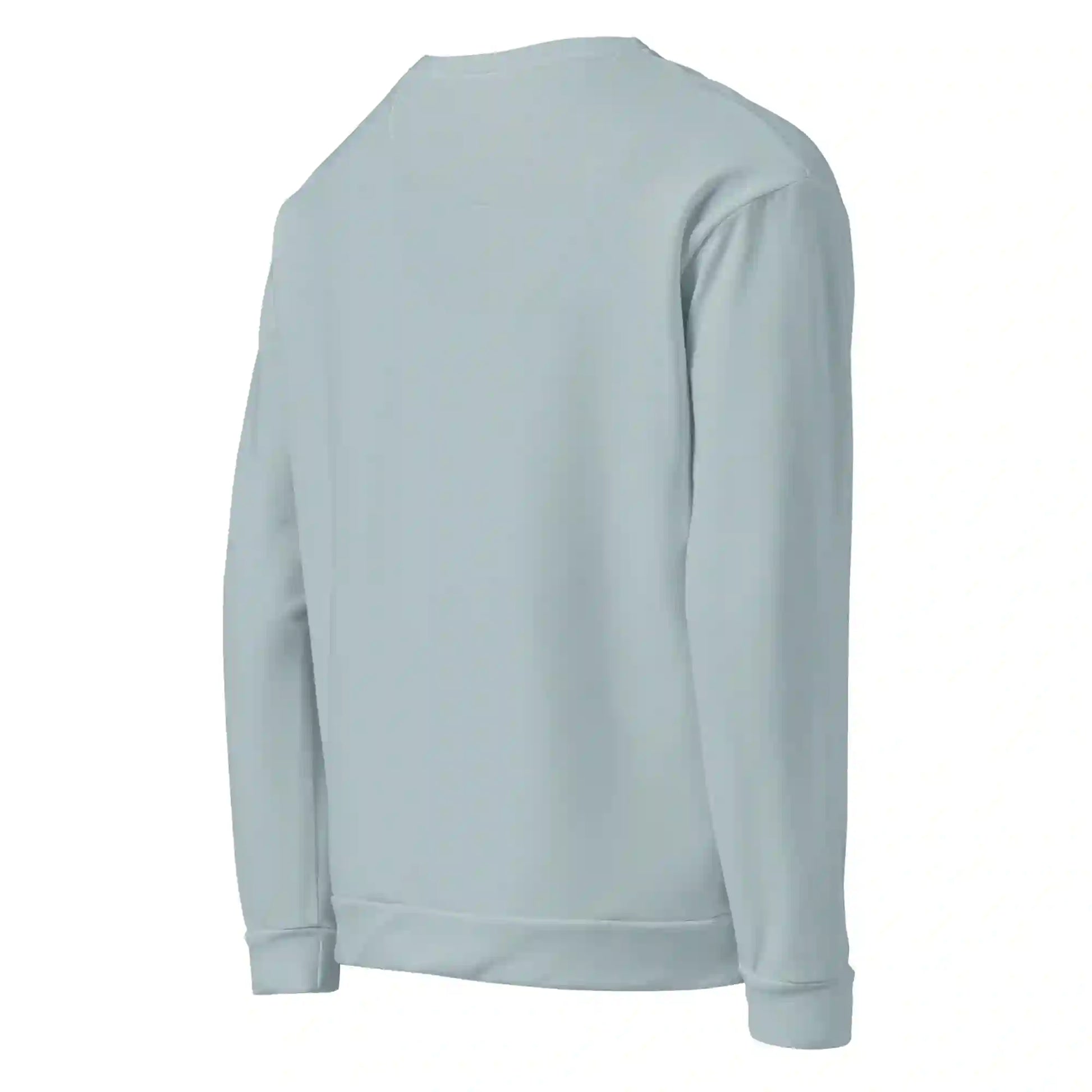 Rear-right angled view of the 'Retro Pop Muse' sweatshirt, displaying the solid light blue back, sleeve, and ribbed cuff and hem detail.