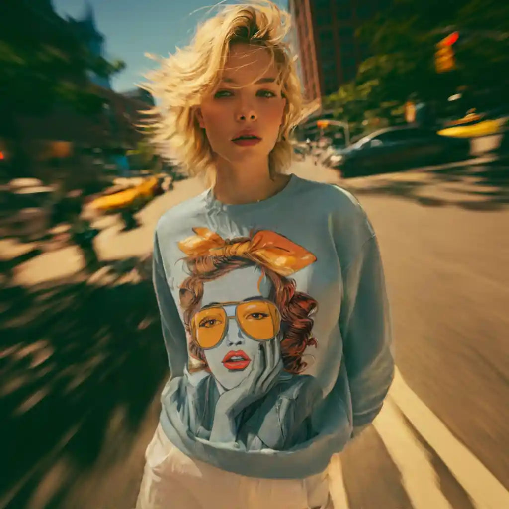 Lifestyle photo of a woman with blonde, wind-swept hair wearing the light blue 'Retro Pop Muse' graphic sweatshirt in a dynamic, motion-blurred city street scene.