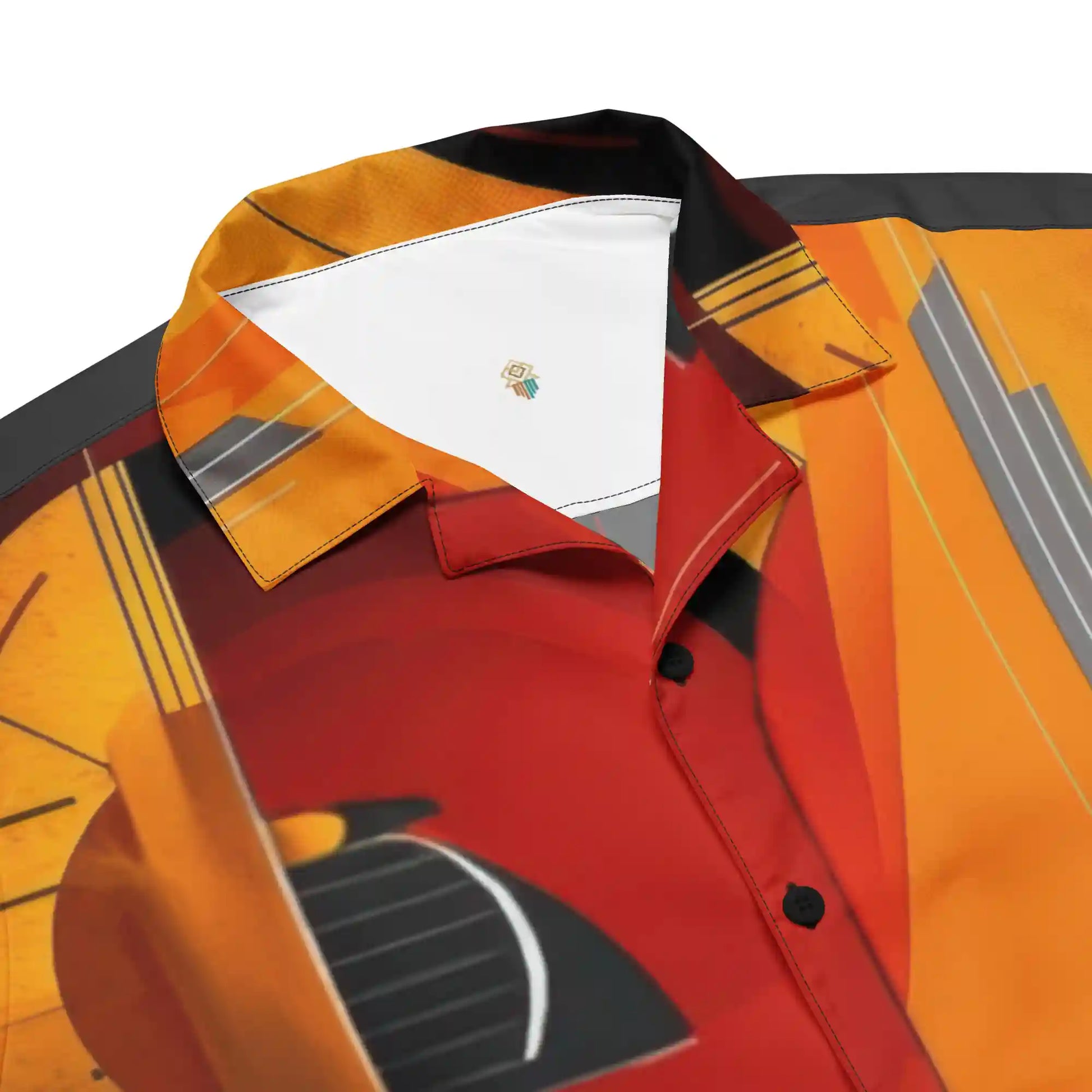 Close-up views of the abstract print button-up shirt. Shows fabric texture, stitching, buttons, and collar detail.