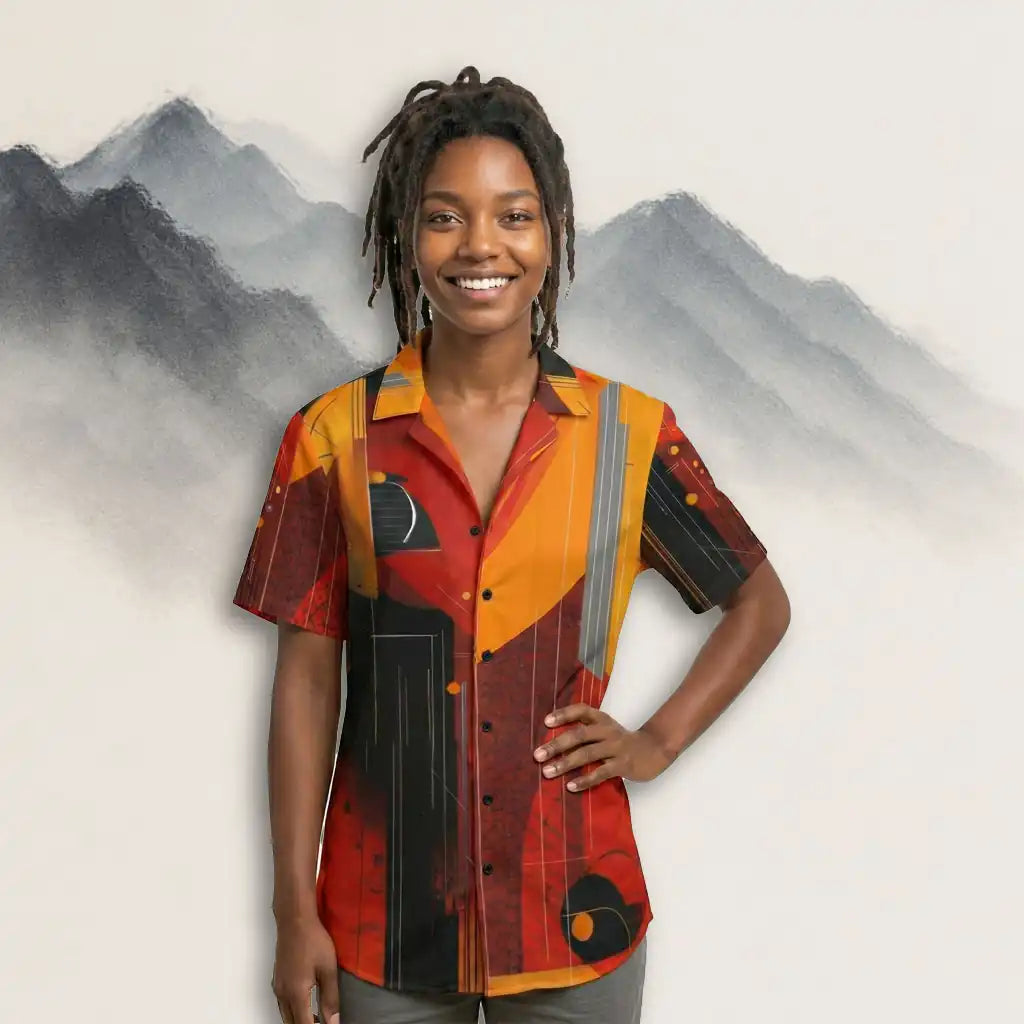 A woman wearing a vibrant abstract-patterned short-sleeve button-up shirt in red, yellow, and black tones, standing in front of a painted mountain-style studio backdrop and smiling at the camera.