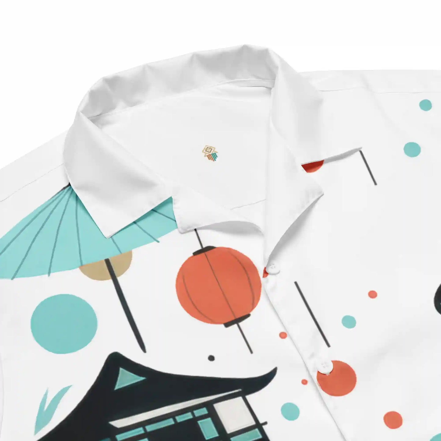 Close-up views of the button-up shirt. Shows white fabric texture, white buttons, collar detail, and print quality of the stylized teal, orange, and black artwork.