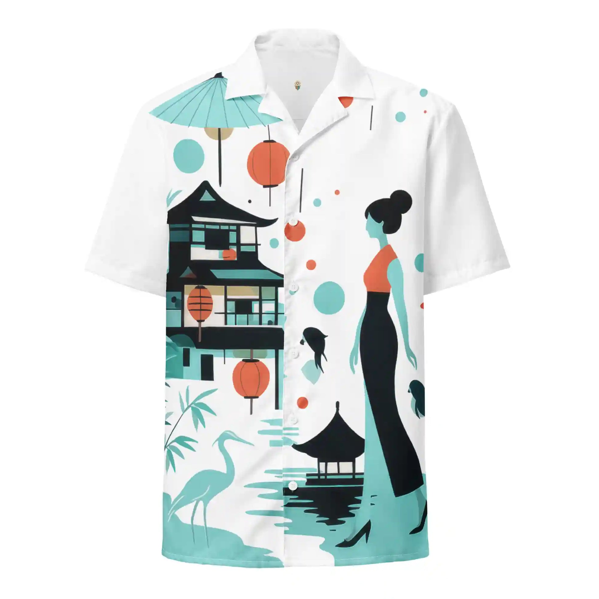 Short-sleeve button-up shirt on ghost mannequin, front view. Features a stylized Japanese-inspired all-over print design with buildings, a figure, lanterns, and a crane in teal, orange, and black on a white background.
