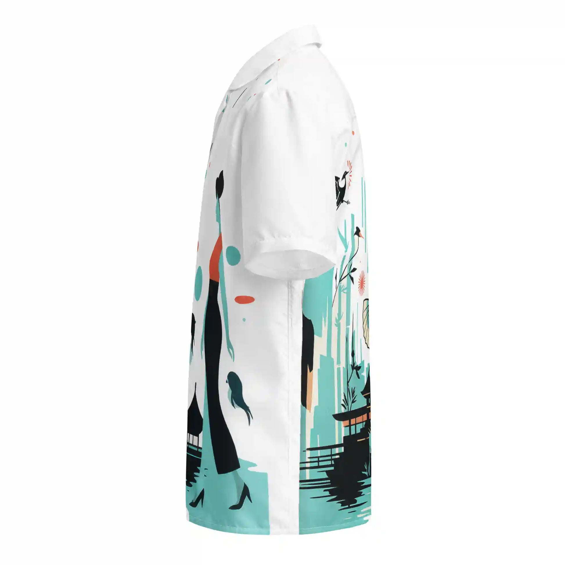 Short-sleeve button-up shirt on ghost mannequin, left side view. Shows the stylized Japanese-inspired print design wrapping from front to back and onto the left sleeve, featuring buildings and figures.