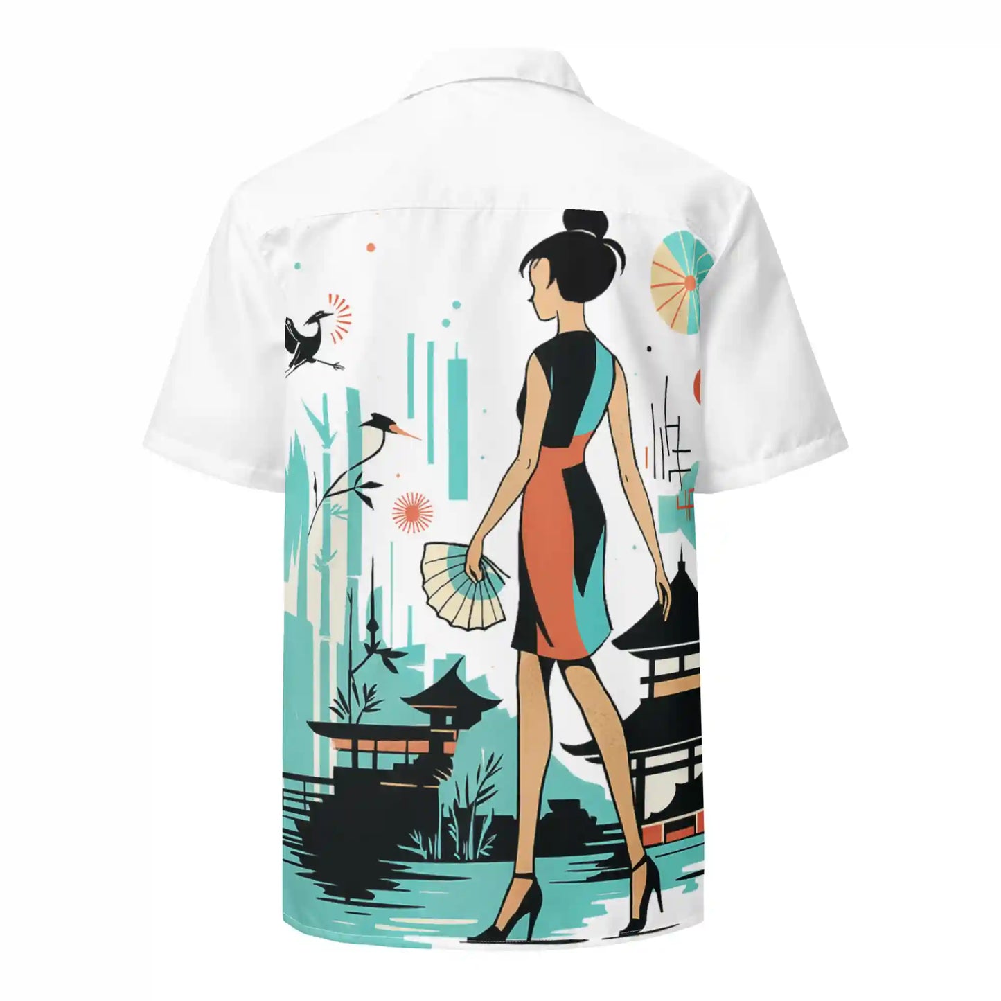 Short-sleeve button-up shirt on ghost mannequin, back view. Features the stylized Japanese-inspired all-over print design with buildings, a figure, lanterns, and bamboo in teal, orange, and black on a white background.