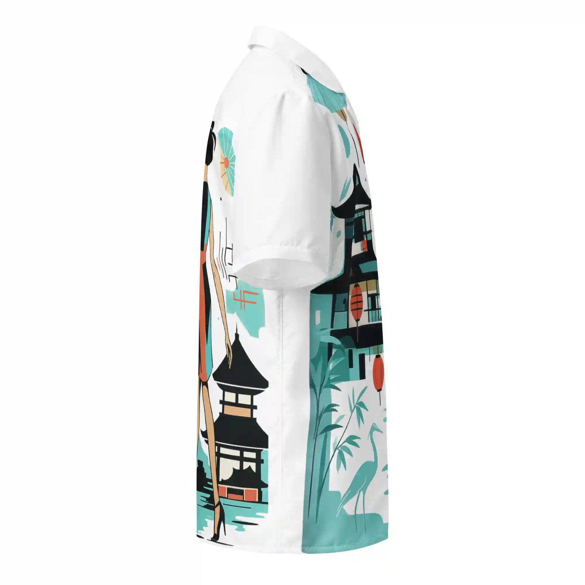 Short-sleeve button-up shirt on ghost mannequin, right side view. Shows the stylized Japanese-inspired print design wrapping from front to back and onto the right sleeve, featuring crane, bamboo, and abstract elements.