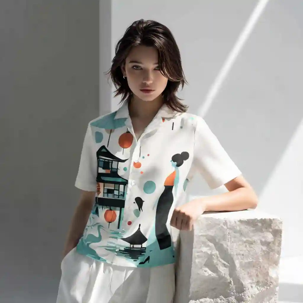Person wearing a stylized Japanese-inspired print button-up shirt in an artistic setting. Showcases the wearable art in a lifestyle context.
