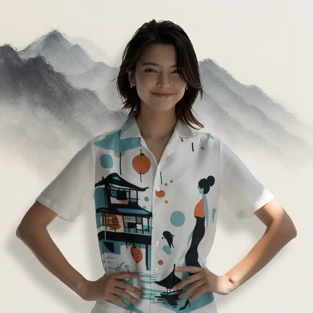 Person wearing a stylized Japanese-inspired print button-up shirt in a studio with pastel mountain background. Showcases the wearable art in a lifestyle context.