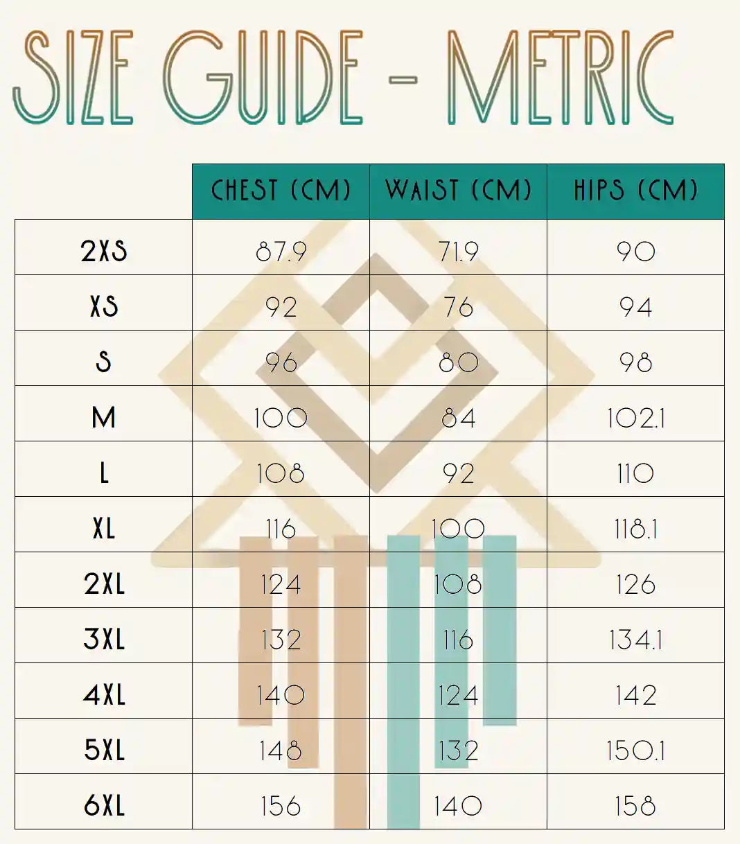 Shirt size chart using metric measurements