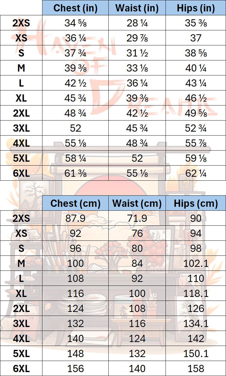 The Haven of Dreams Button-Up Shirt Size Chart