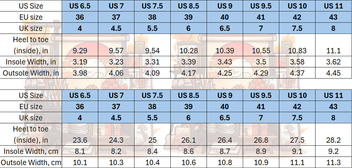 The Haven of Dreams Boot Size Chart