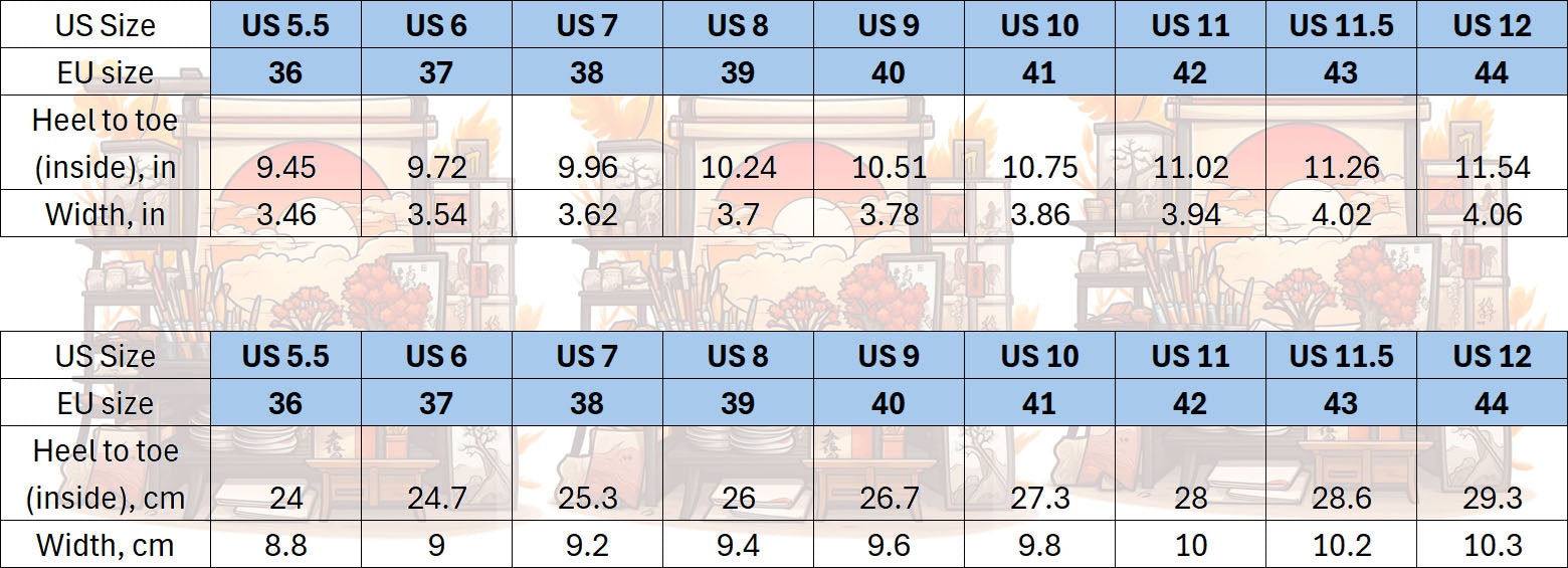 The Haven of Dreams Sneakers Size Chart