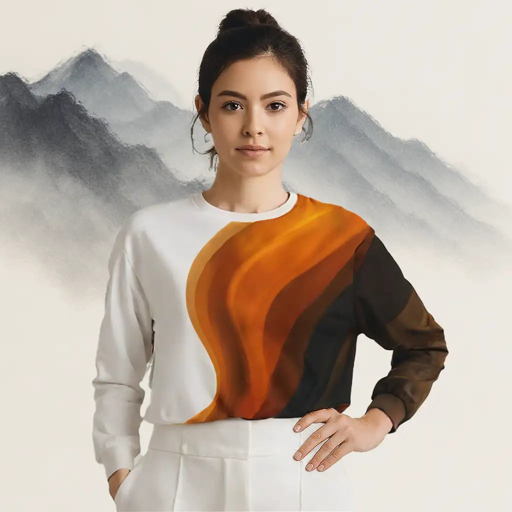 Front studio view of swirl-pattern sweatshirt on ghost mannequin, featuring bold orange, brown, and black abstract wave on white base.