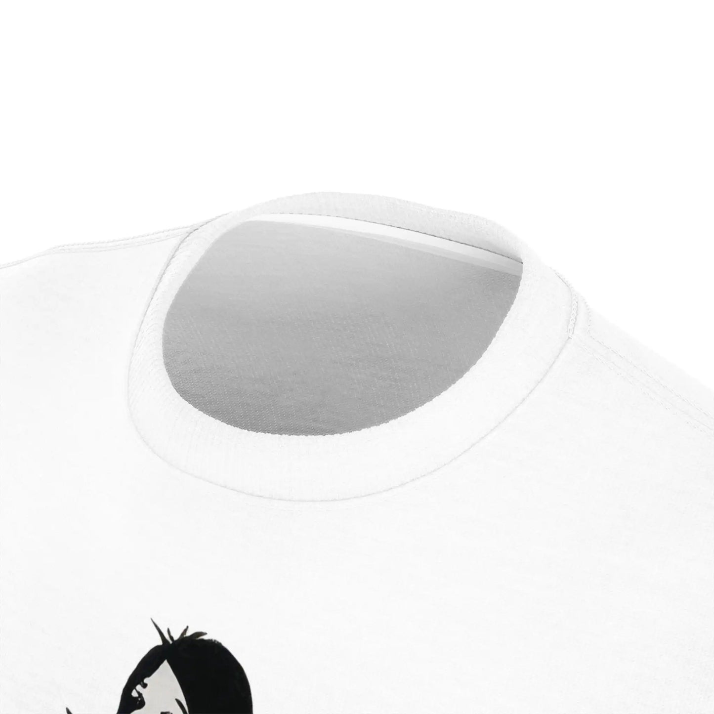 Close-up view of the white t-shirt neckline and shoulder seam. Shows ribbed collar texture, stitching details, and fabric quality.