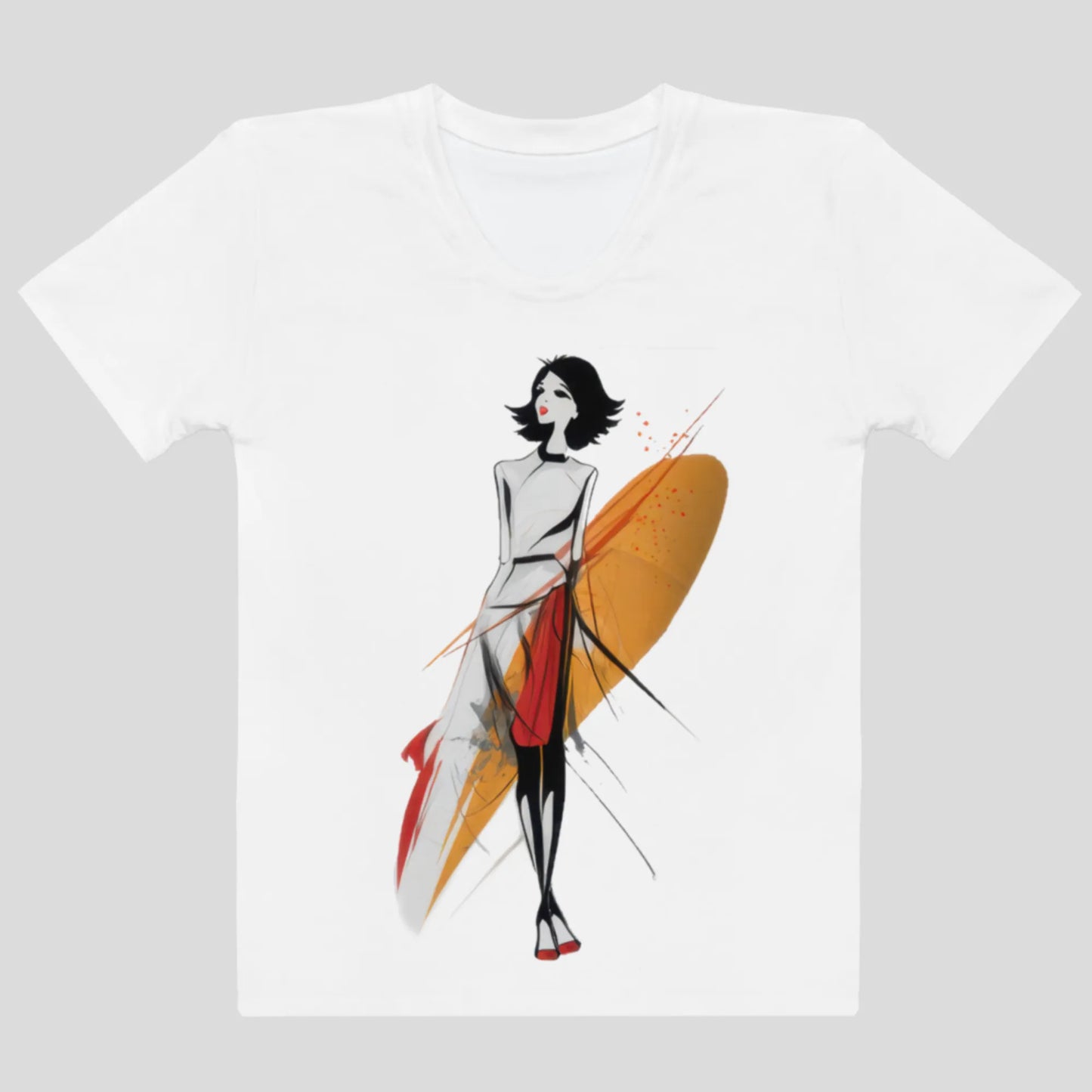 White t-shirt on a light grey background, flat lay front view. Features a graphic print on the chest of a stylized figure facing forward with an orange shape behind her and red accents.