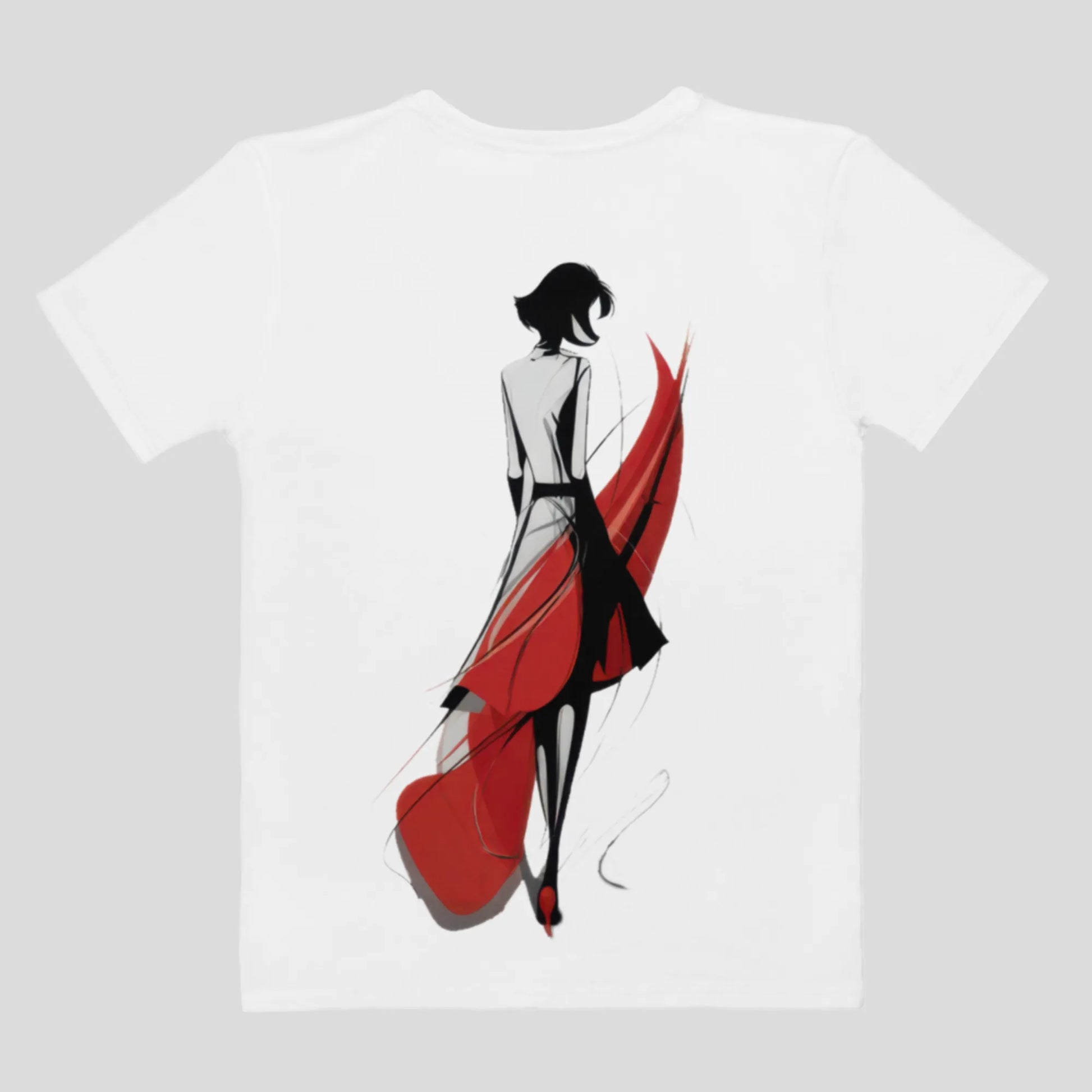 White t-shirt on a light grey background, flat lay back view. Features a graphic print on the back of a stylized figure walking away with a flowing red element.