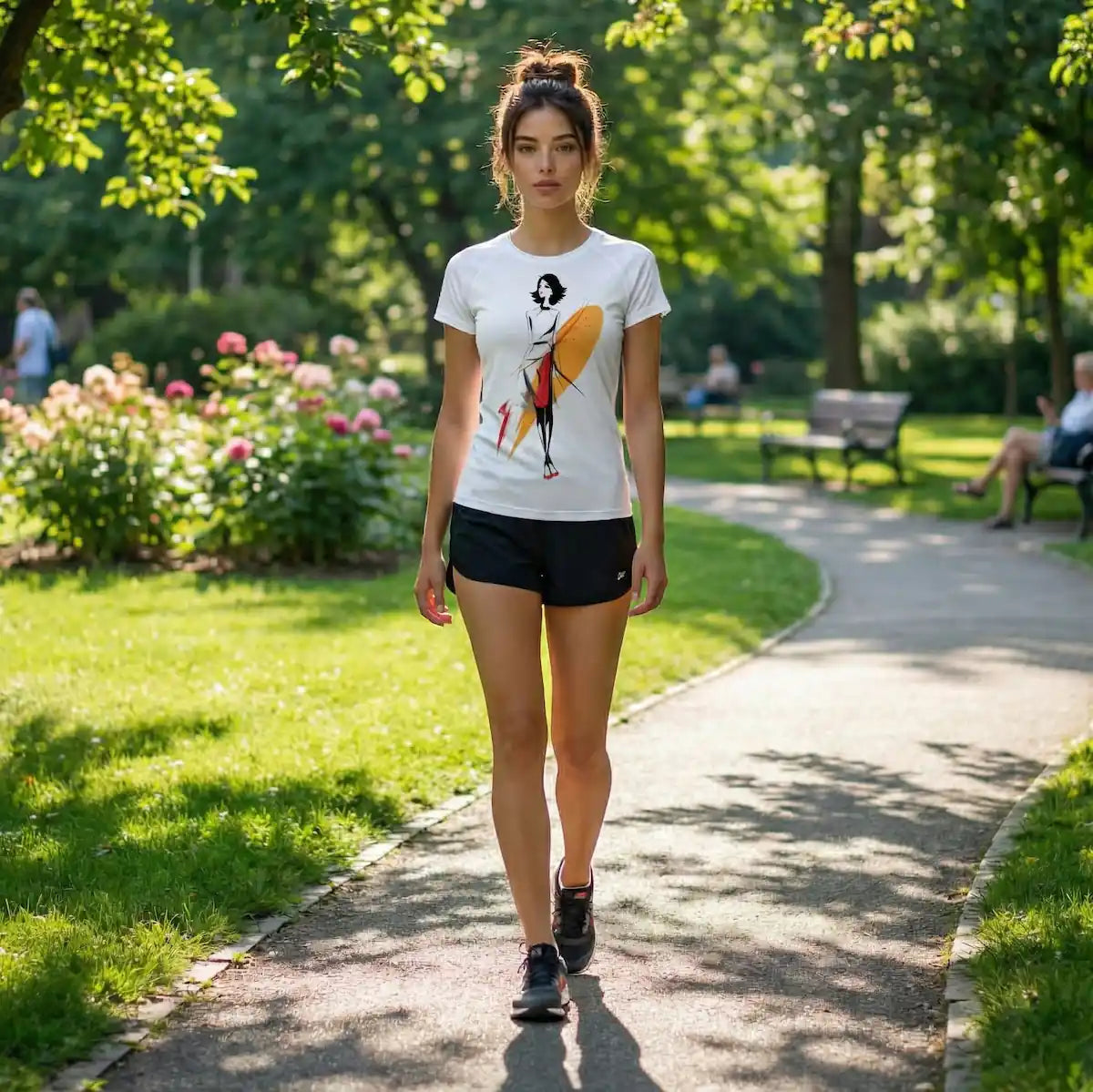A woman walking through a sunlit park wearing a white T-shirt featuring a minimalist fashion illustration with red and yellow accents, surrounded by trees, flowers, and park benches.