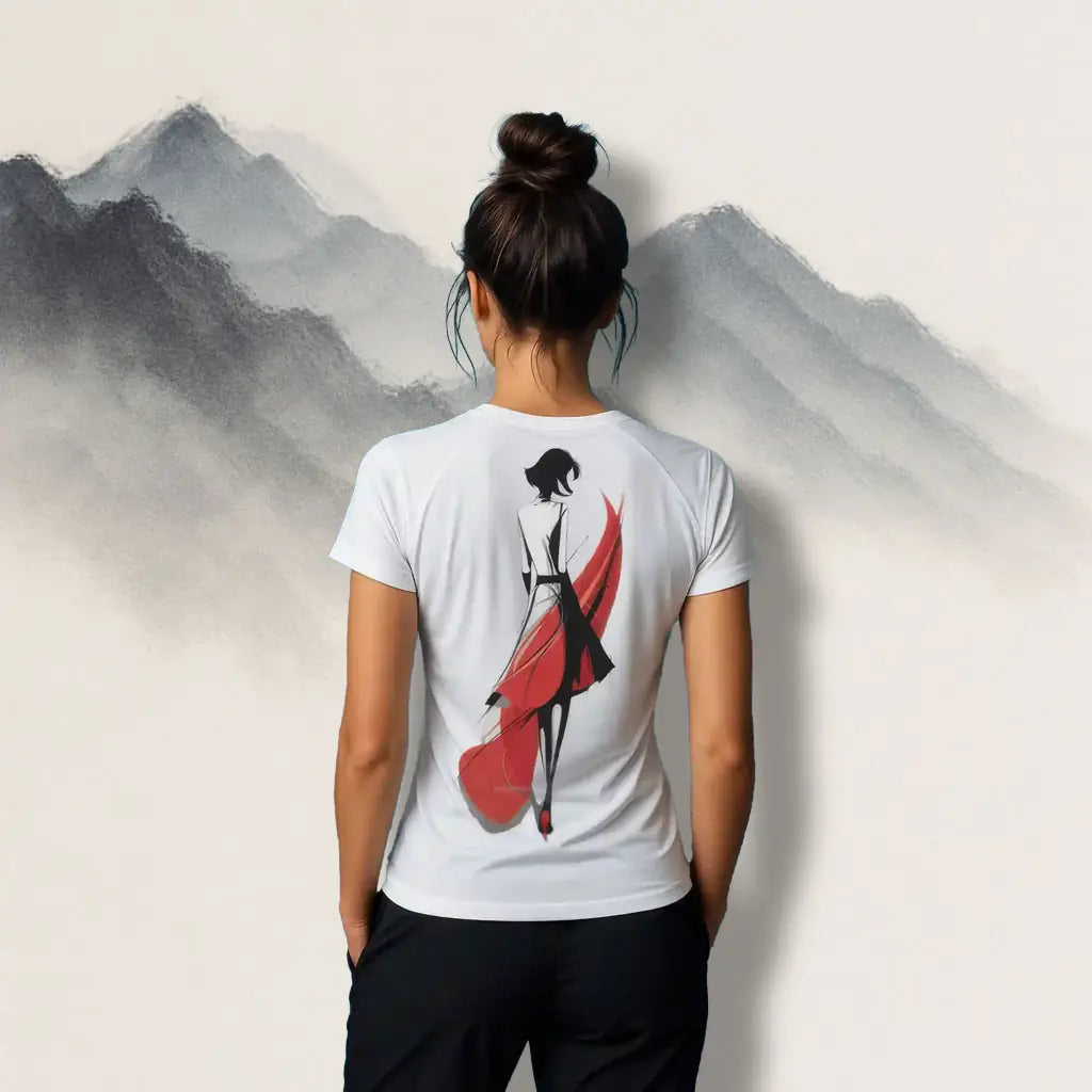 A woman shown from behind wearing a white T-shirt featuring a minimalist fashion illustration of a woman in a black-and-red dress with flowing red accents, standing in front of a soft painted mountain-style backdrop.