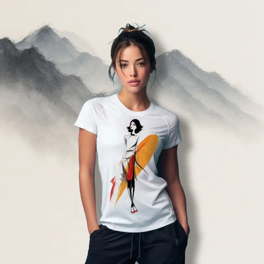 A woman wearing a white T-shirt with a minimalist fashion illustration of a woman in a black-and-red outfit with a bold yellow brushstroke behind her, standing against a painted mountain-style studio backdrop.