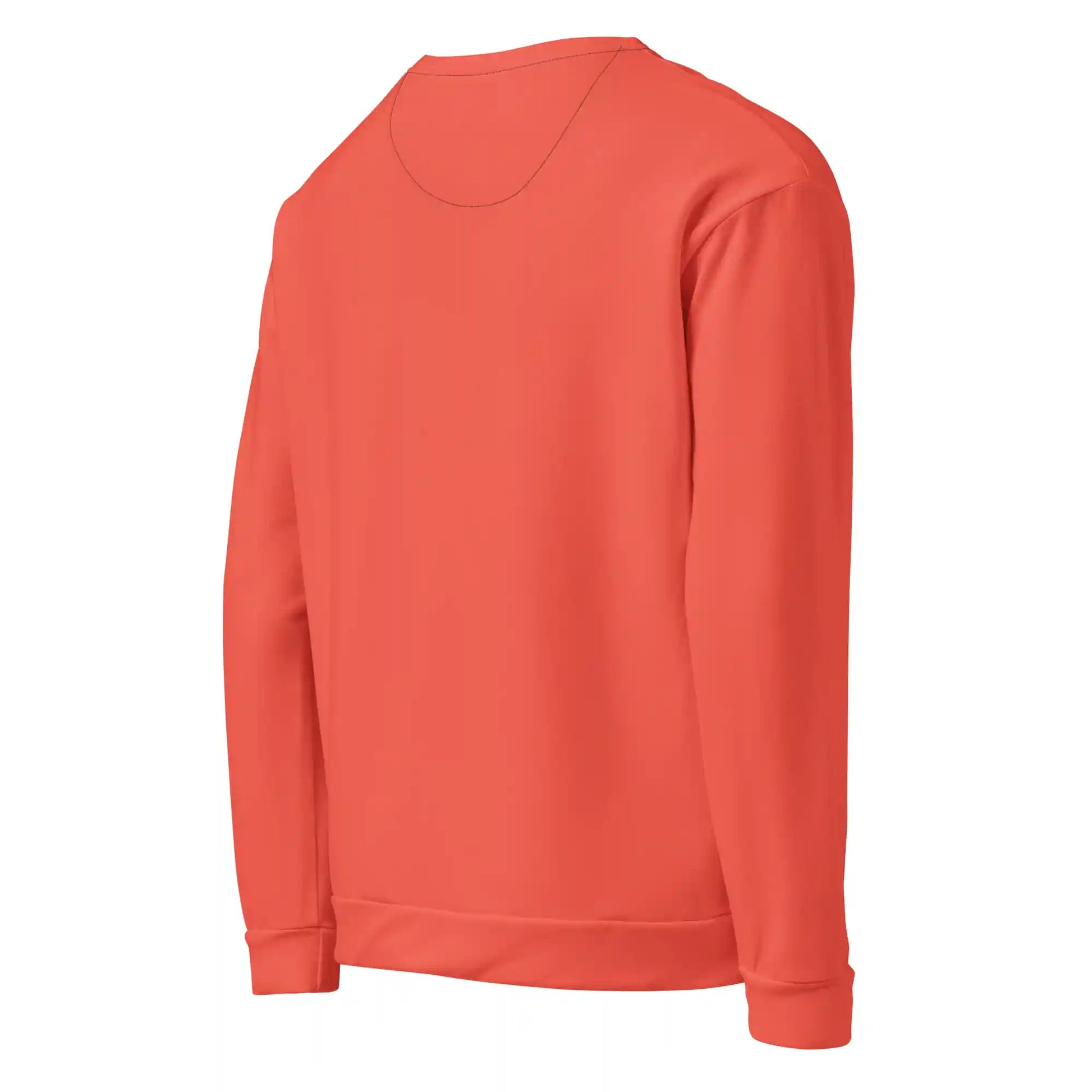 Rear-right angled view of the 'Sunset Muse' sweatshirt, displaying the solid orange back, sleeve, and ribbed cuff and hem detail.