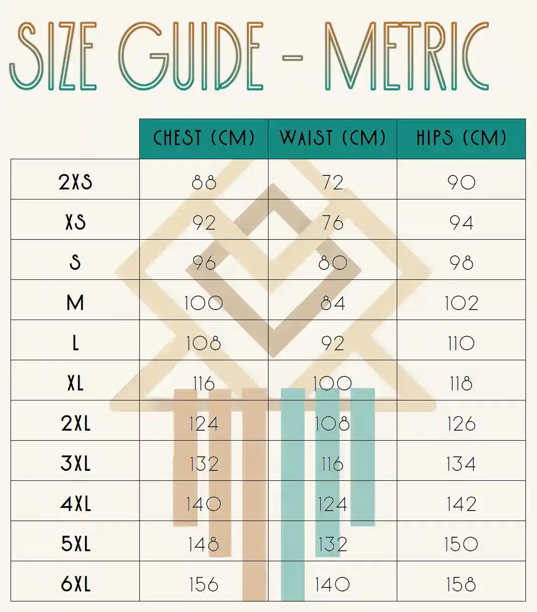 Sweatshirt size chart using metric measurements