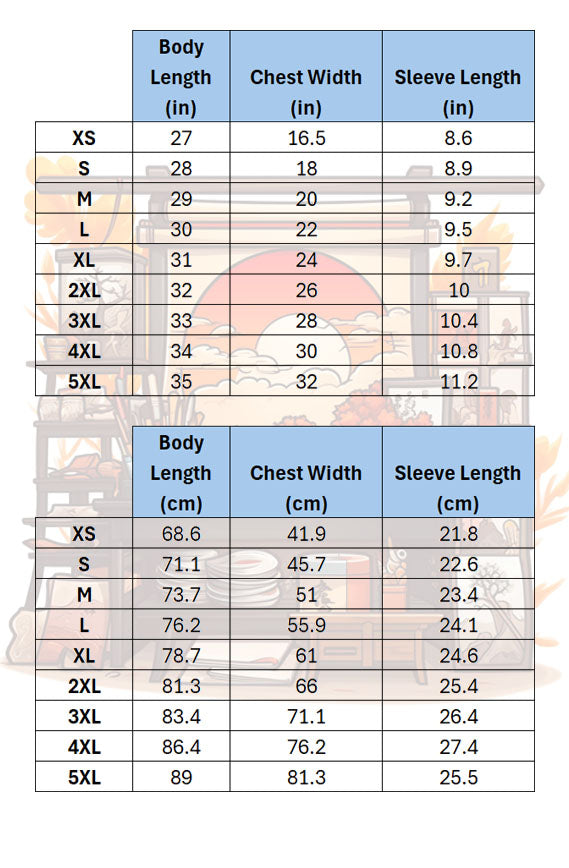 The Haven of Dreams T-Shirt Size Chart