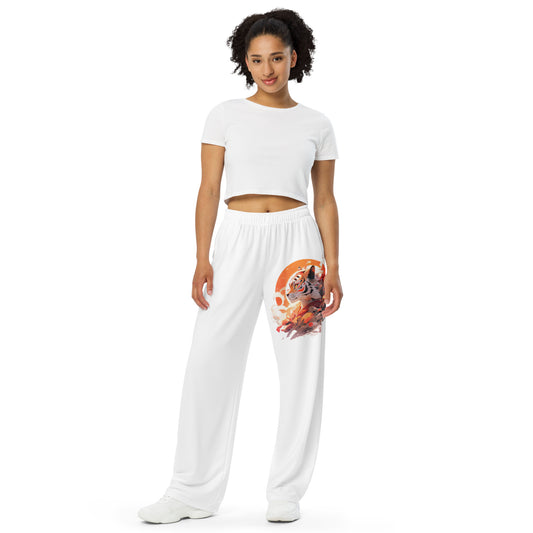Tiger Pants, Tiger Motif, White Loose fir pants, wide leg pants, Tiger embellished clothing, tiger graphic clothes