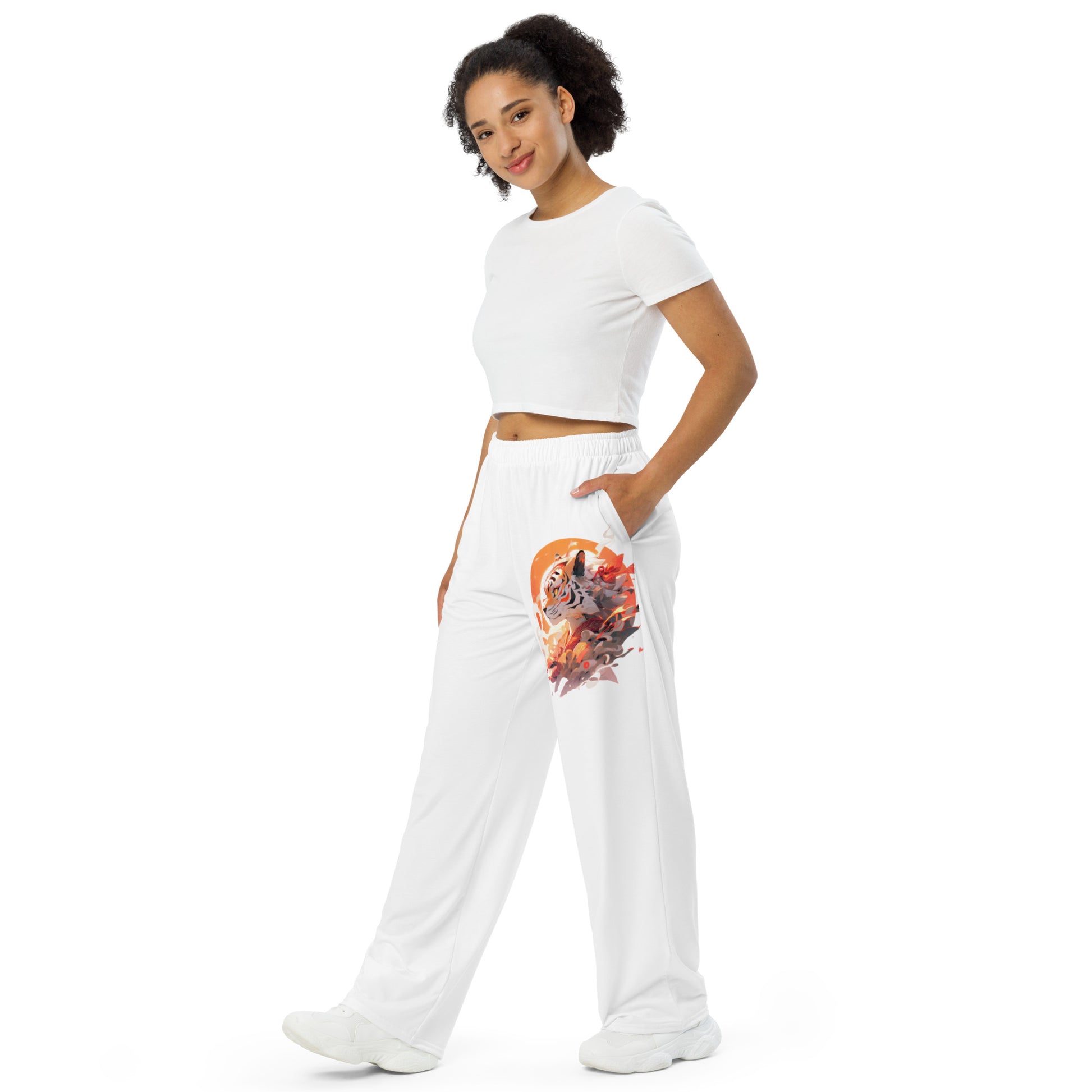 Tiger Pants, Tiger Motif, White Loose fir pants, wide leg pants, Tiger embellished clothing, tiger graphic clothes