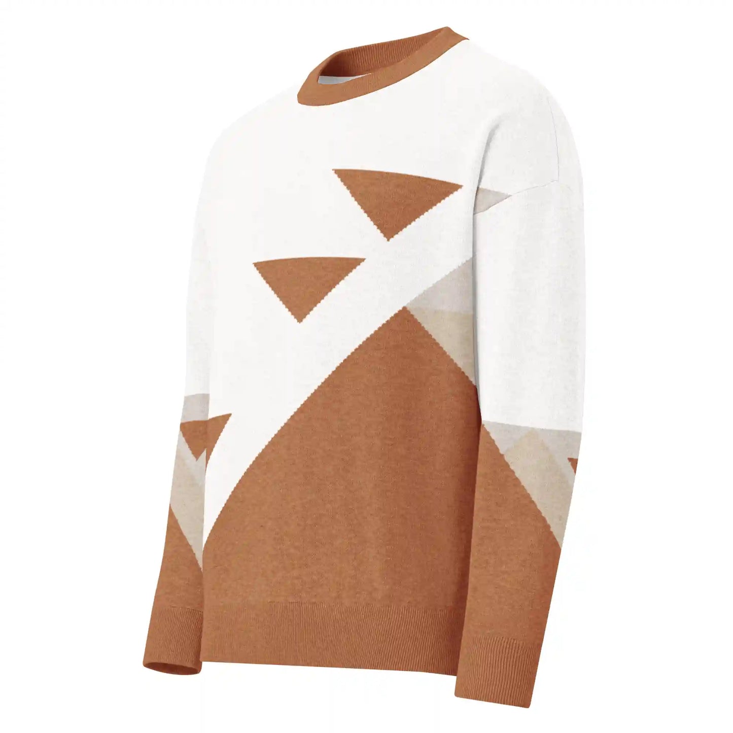Ghost mannequin front-left view of the Haven of Dreams Desert Geometry knitted sweater, featuring abstract terracotta and beige triangle design on white base.